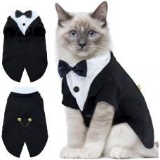 【DENTRUN】 Cat Tuxedo Outfit, Sphynx Cat Costume Formal Suit with Bow Tie, Stylish Cat Shirt Fashion Apparel Fancy Clothes, Kitten Formal Attire Wedding Onesie Costume for Cats Only