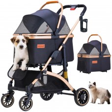 GdnWings Pet Stroller for Small Dogs, Lightweight Small Dog Stroller for Dogs Cats with 6 Shock Absorption System, Detachable Carrier Suitable for Car Seat & Hand Carry, Safe Outings, Black
